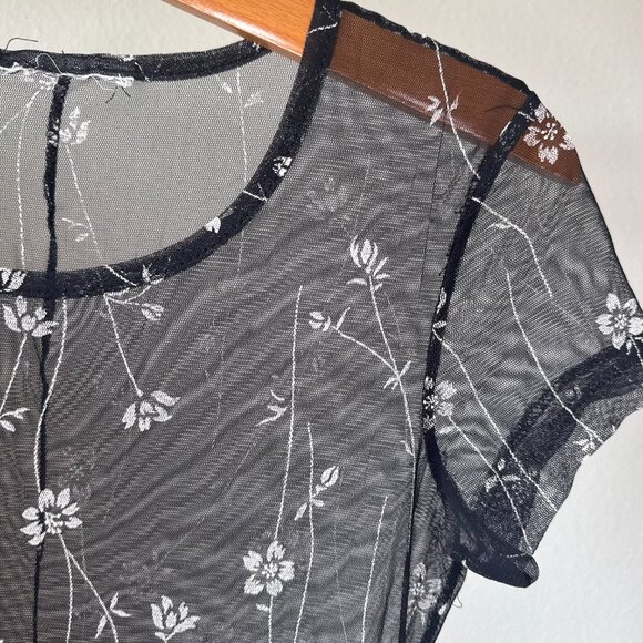 Sheer Floral Mesh Maxi Dress – Black White Overlay – XS/S – Y2K Grunge Layering - Picture 3 of 11